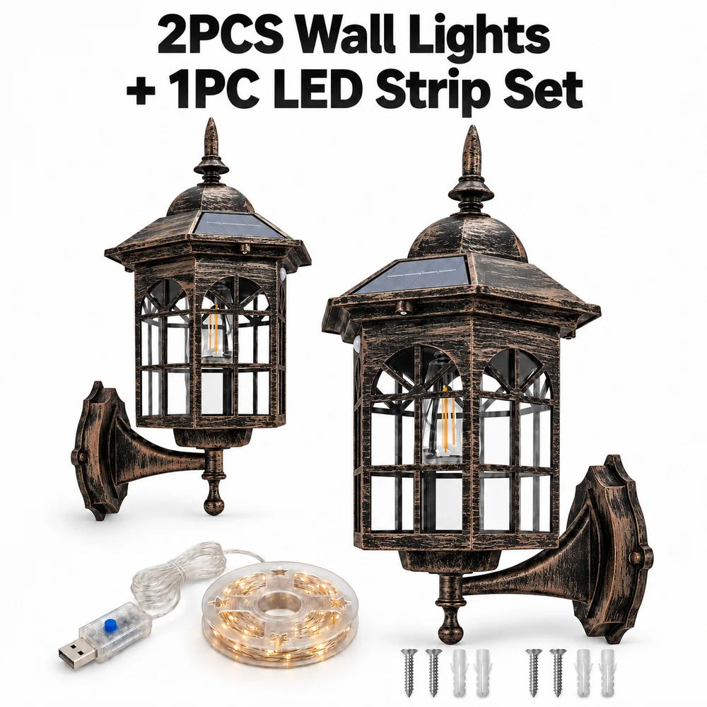2 Pack Outdoor Solar Wall Lantern Lights With 1 USB LED Light Strip Decorative Wall Sconces Set For Front Porch Entryway Patio And Garden