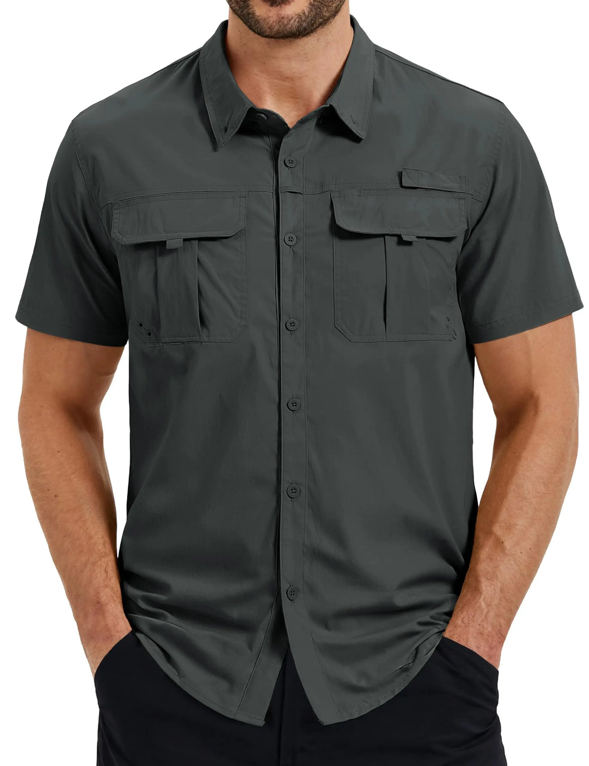 TACVASEN Men's UPF 50 Fishing Shirt Quick Dry Breathable Short Sleeve Tactical Shirt Button Down Sun Shirt for Work with Pockets