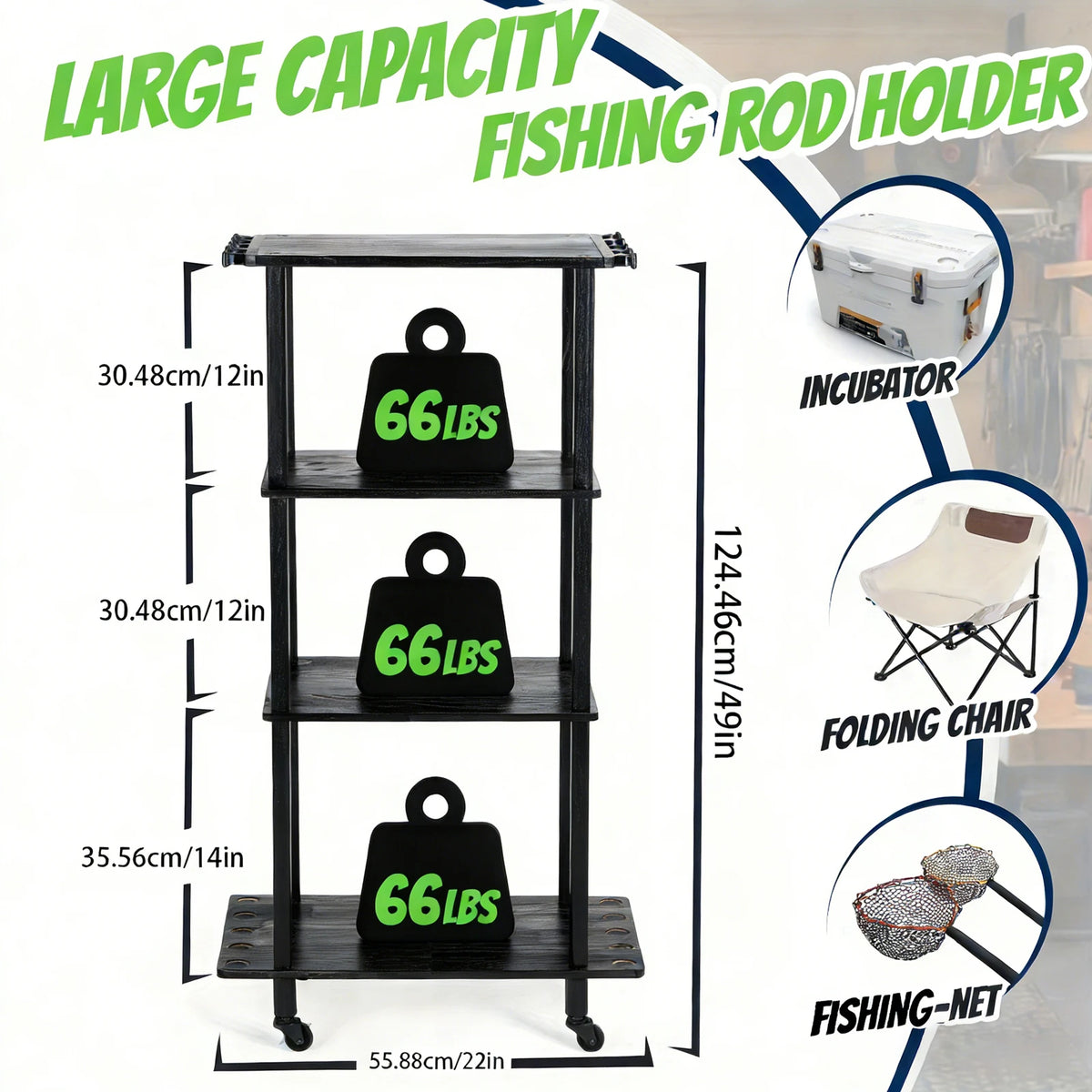 Iron Wood Combined Fishing Rod Storage Stand, Wheeled 10-Rod Fishing Pole Organizer Rack for Garage Tackle Storage
