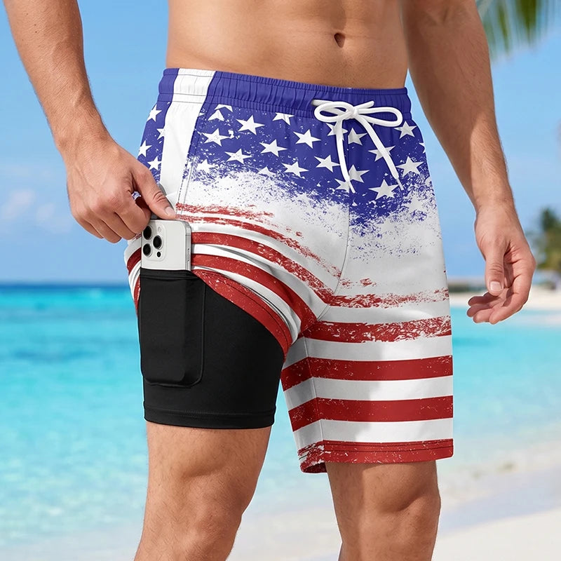 3D Print 2 in 1 Mens Swim Trunks Summer Quick Dry Beach Shorts with Phone Pocket Swimwear Swimsuit Bathing Suit Board Shorts