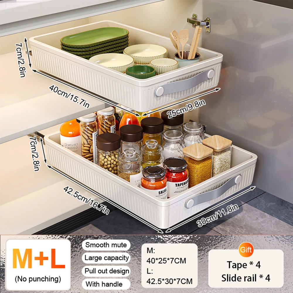 Pull Out Storage Tray Kitchen Sliding Cabinet Shelf with Slide Rails Drawer Spice Rack Bowl Dish Shelf Pantry Kitchen Organizer