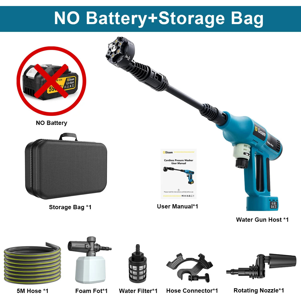 Gisam 250Bar Brushless Electric High Pressure Washer Gun 4Gear Power Home Car Washing Water Spray Gun for Makita 18V Battery Pin