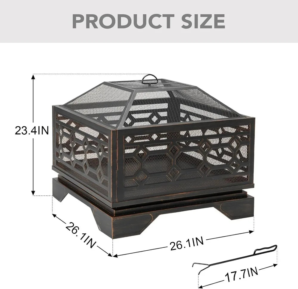 26in Fire Pit Wood Burning Outdoor Fireplace Mesh Cover