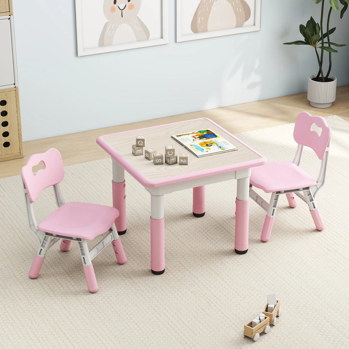 Kids Table and 2 Chairs Set, Height-Adjustable Toddler Table and Chairs Set with Doodle-Friendly Desktop, 23.6''L X 23.6''W Children Activity Table for Daycare, Classroom, Home