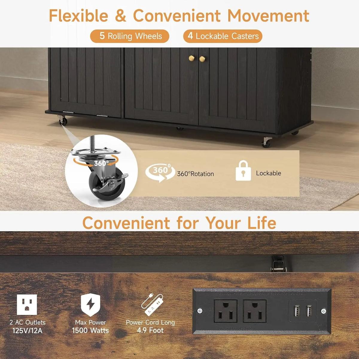 60" Kitchen Island with Trash Can Storage, Black+Rustic Brown | Kitchen Island Cart with Power Outlet & Drop Leaf, Customized