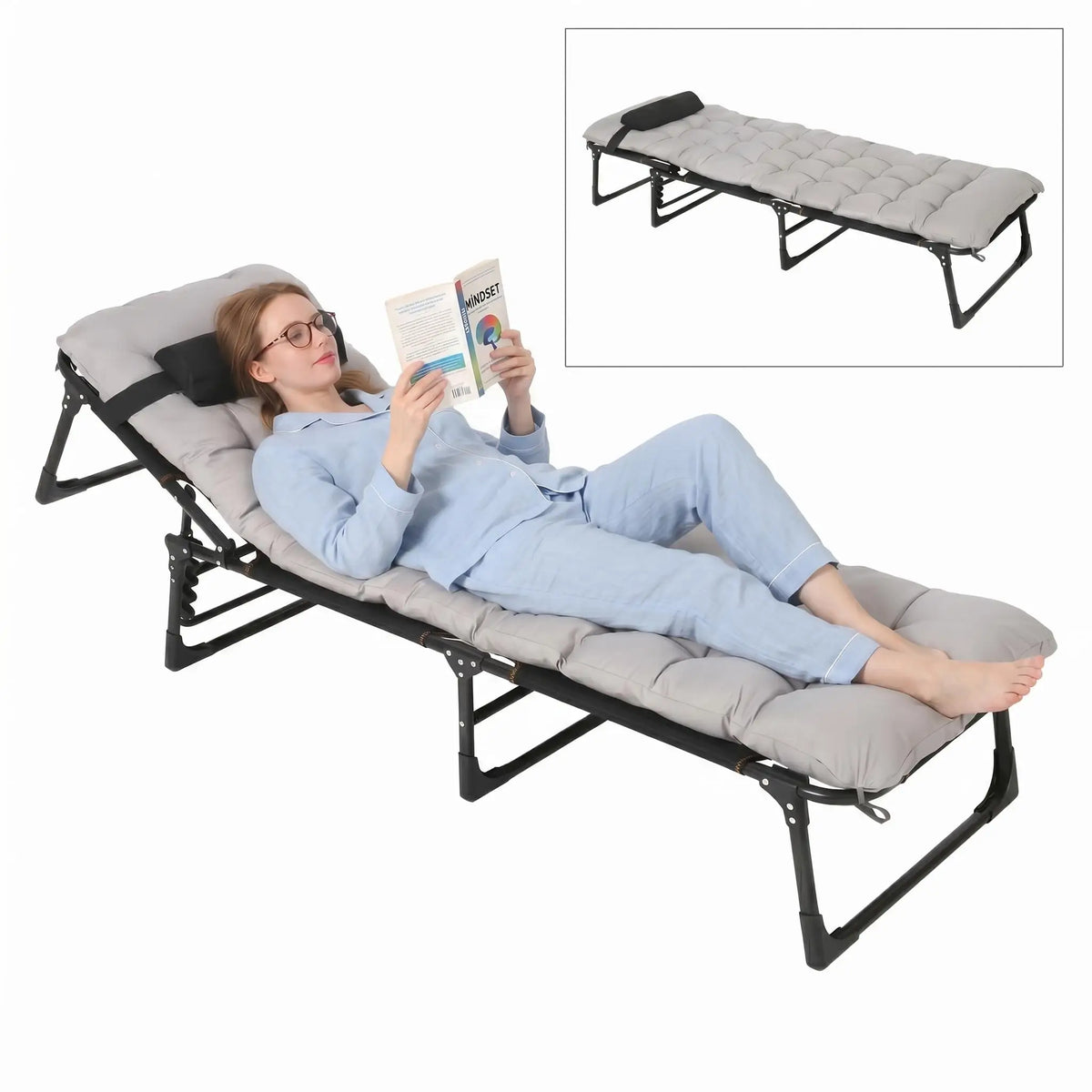 170-200CM Outdoor Lounge Chair Heavy-Duty Tri-Fold Camping Cot for Adults Wide Folding Camp Bed with Removable Mattress Pad Pillow & Carry Bag Double-Layer Oxford Fabric Gray 8-Leg Heavy Duty Furniture