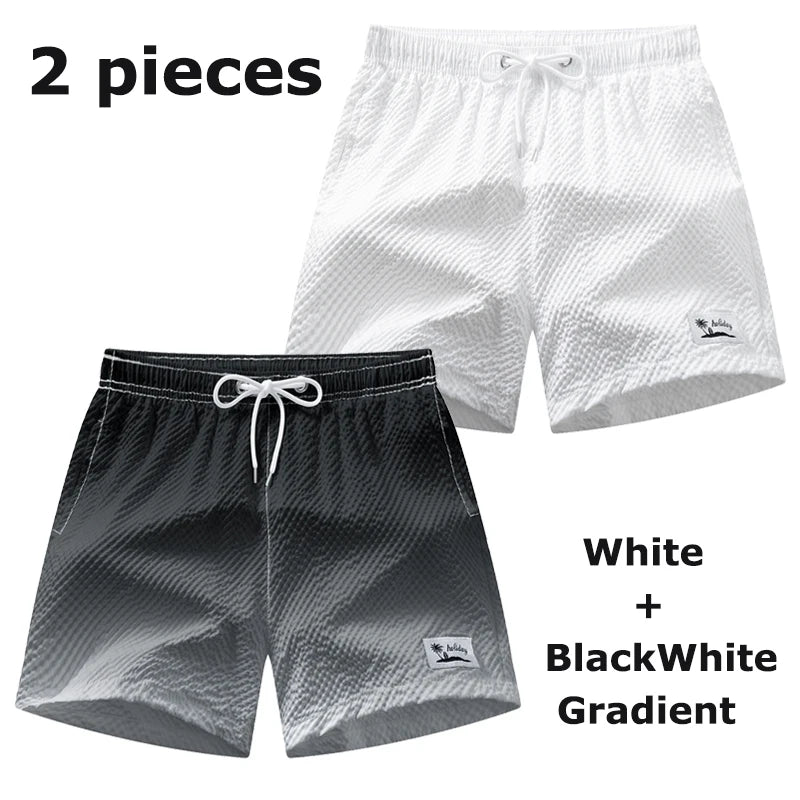 Men's Seersucker Beach Shorts with Mesh Liner Summer Casual Board Shorts with Pockets Quick Dry Swimwear Swimsuit Swim Trunks