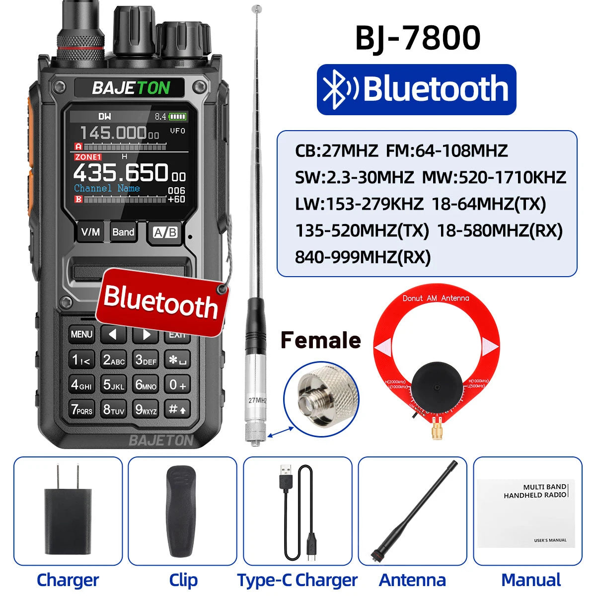 BAJETON BJ-7800 Walkie Talkie NOAA SW MW LW AM SSB CB 10W Receive Wireless Bluetooth Phone Programming for RT-920 Two Way Radio