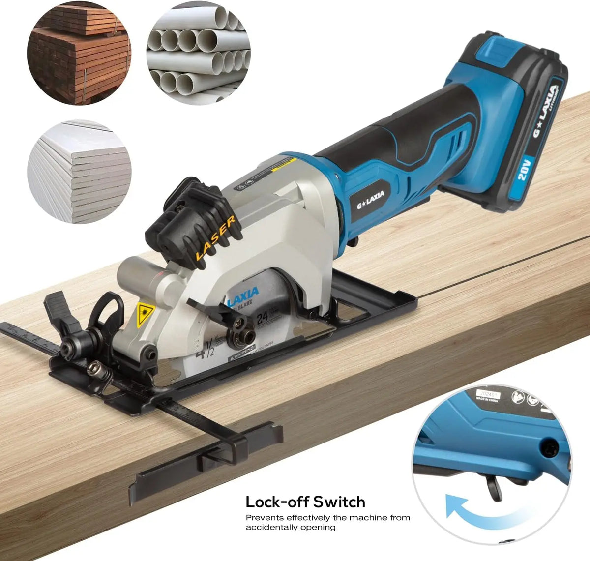 Galax Pro 20V Cordless Mini Circular Saw 2.0Ah Compact Saw with Laser Guide 3400RPM, 2x 4-1/2" Blade for Wood, Plastic, Soft Metal Cutting, Rip Guide, Rubber Handle, Vacuum Adaptor, Bevel Cut 0-45°