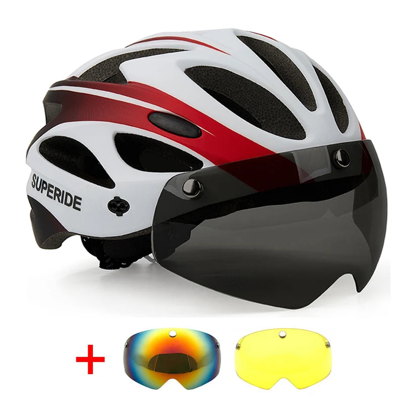 SUPERIDE Rechargeable Road Bike Helmet Men Women Cycling Helmet with Visor & Rearlight Sports MTB Bicycle Helmet with Goggles
