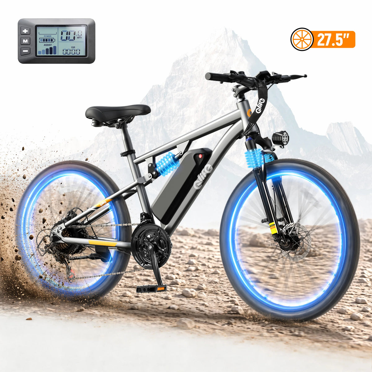 Qlife Racer Ultra Electric Bike for Adults, Peak 1200W 48V 10.4Ah, 27.5" Tire Electric Mountain Bike, 28MPH 55 Miles Off-road Electric Bicycle, 21-Speed E-Bicycle with Full Suspension