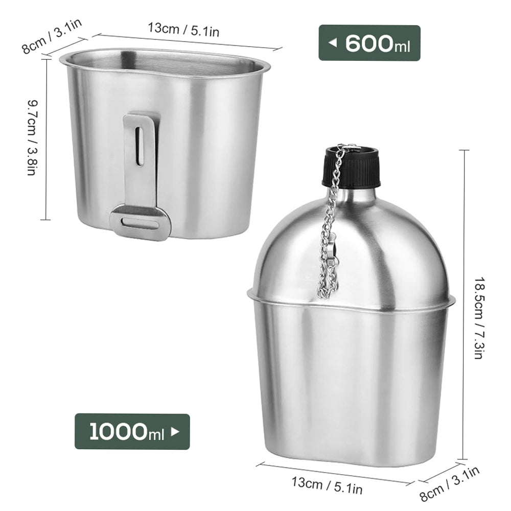 2pcs 1000ml 600ml Stainless Steel Military Canteen Cup Set with Cover Bag for Outdoor Camping Hiking Backpacking Kettle Bottle
