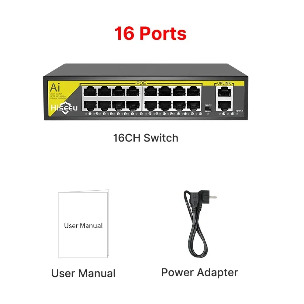 Hiseeu 48V 8/16 Ports POE Switch Ethernet 10/100Mbps IEEE 802.3 af/at for IP Camera/CCTV Security Camera System/Wireless AP ft