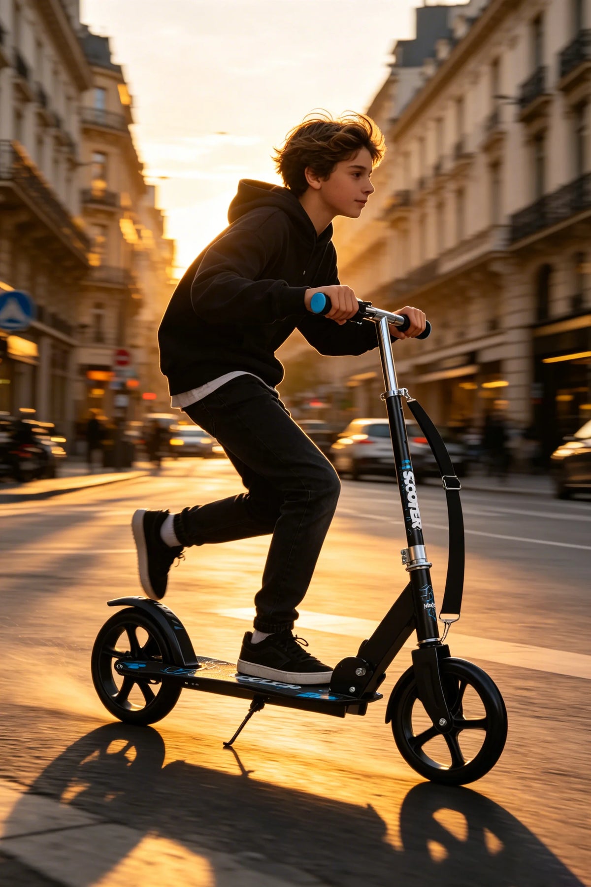 The scooter is height-adjustable and features ergonomic handlebars and a rear wheel friction brake.
