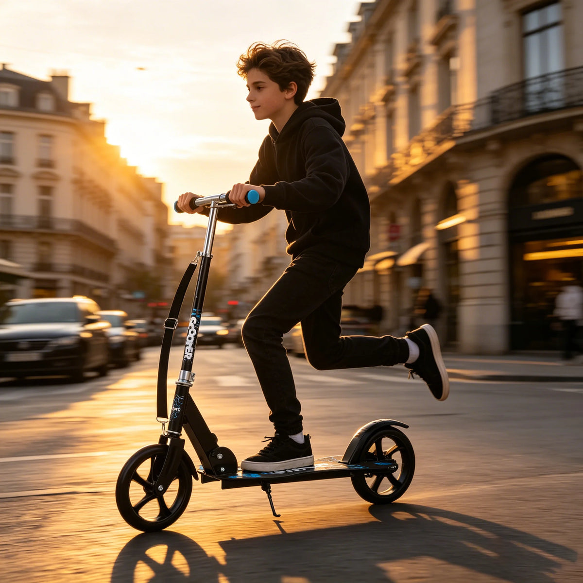 The scooter is height-adjustable and features ergonomic handlebars and a rear wheel friction brake.