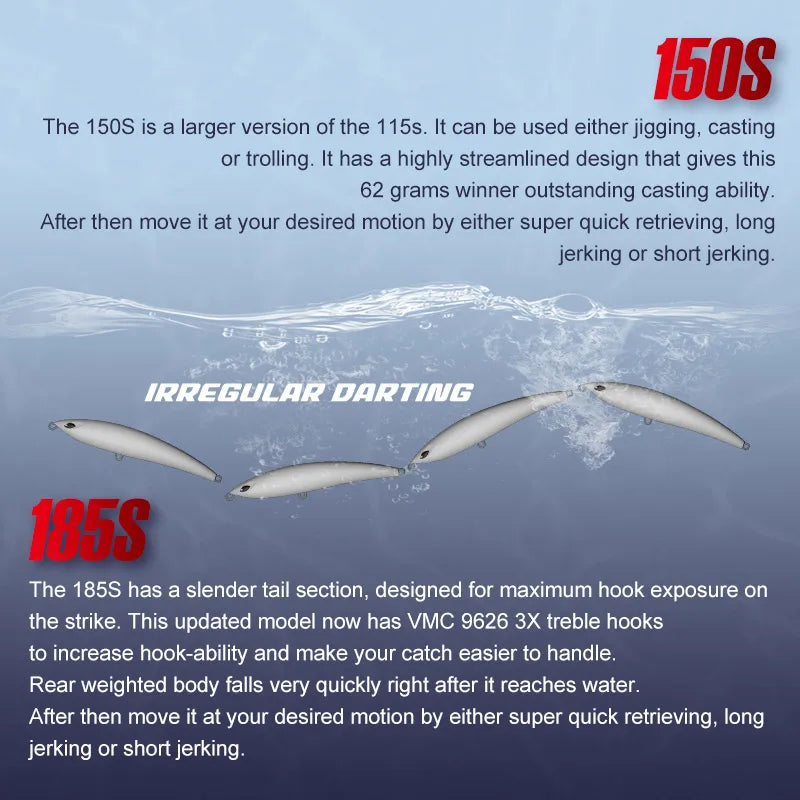 NOEBY Sinking Stickbait Lure 115mm 60.5g 150mm 62g 185mm 127g Hard Bait Saltwater Big Game Fishing Lure