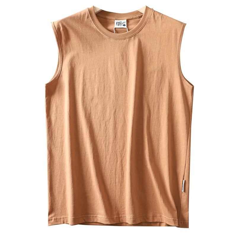 Summer New American Sleeveless O-neck Solid Color T-shirt Men's Fashion 100% Cotton Washed Casual Sports Fitness Basketball Vest