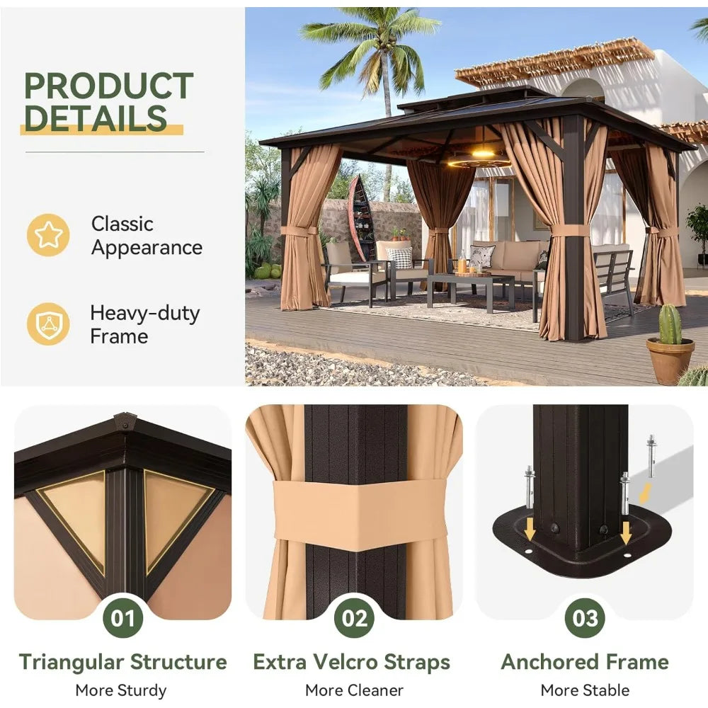 US SHIPPING 12ft x 10ft Brown Aluminum Hardtop Gazebo Permanent Pavilion with Polycarbonate Double Roof and Curtains Netting for