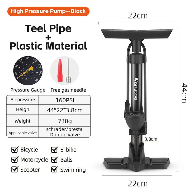 WEST BIKING Floor Bike Pump 160PSI High Pressure Hand Pump with Pressure Gauge Schrader Presta for Bicycle Motorcycle Car