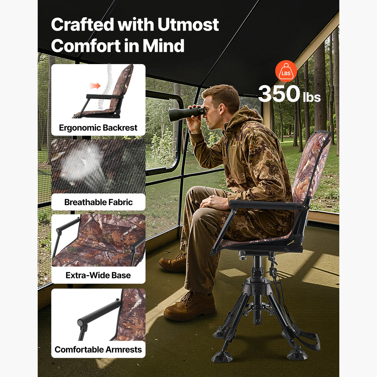 SucceBuy Hunting Chair 360° Silent Swivel Foldable Portable Blind Chair Heavy-Duty Steel Frame Ground Stool Seat for Camping