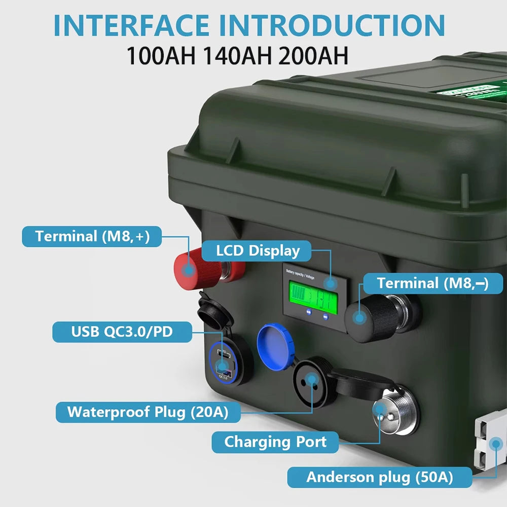 12V 200Ah 100Ah LiFePO4 Battery 2560Wh Bluetooth BMS 140Ah 24V Fish Boat Battery 6000 Cycles IP56 USB QC Charge EU Fast Delivery