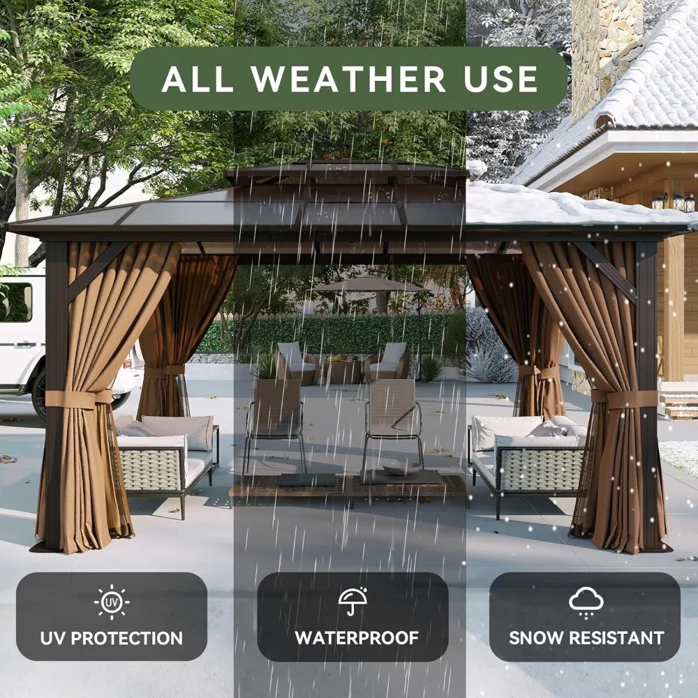 US SHIPPING 12ft x 10ft Brown Aluminum Hardtop Gazebo Permanent Pavilion with Polycarbonate Double Roof and Curtains Netting for