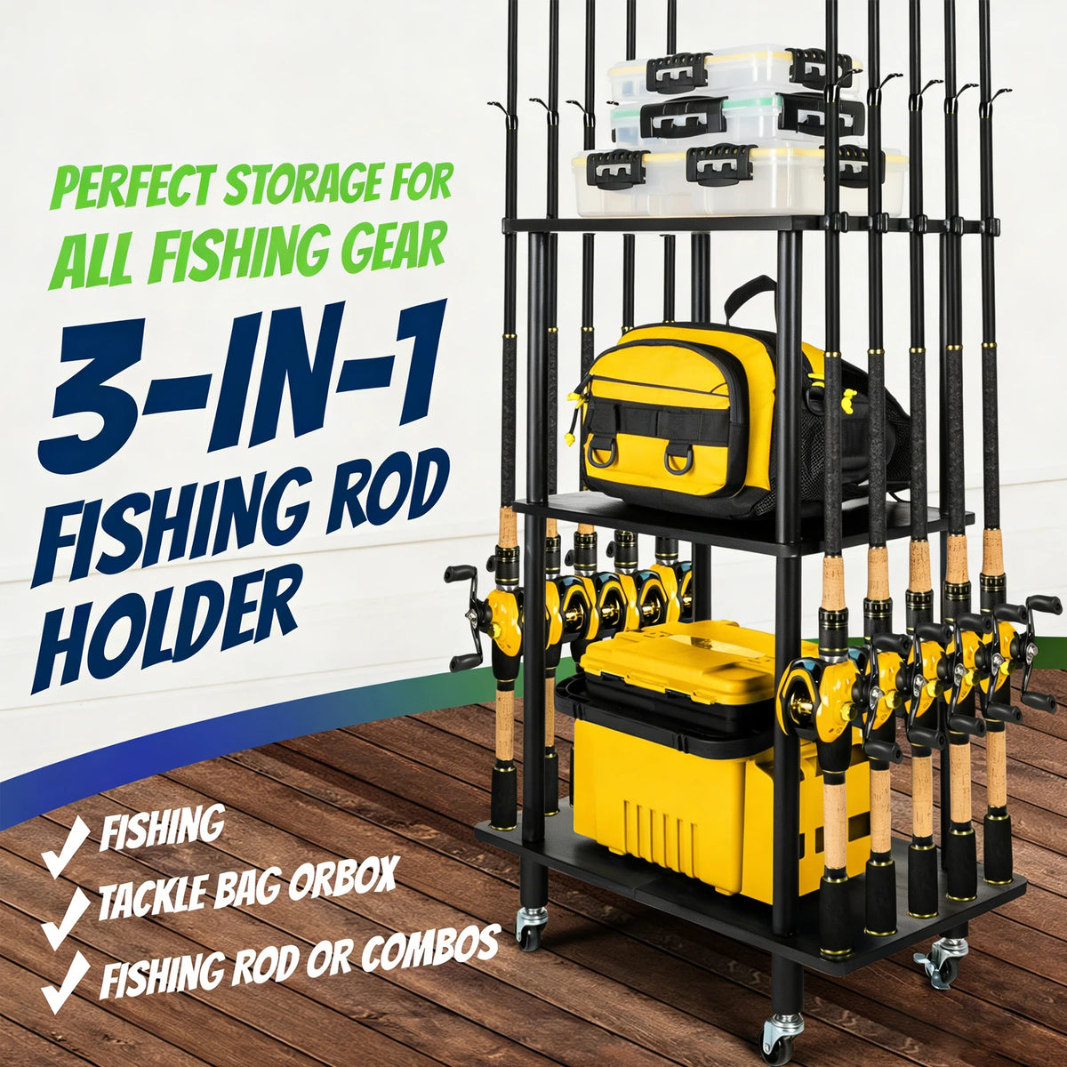 Iron Wood Combined Fishing Rod Storage Stand, Wheeled 10-Rod Fishing Pole Organizer Rack for Garage Tackle Storage