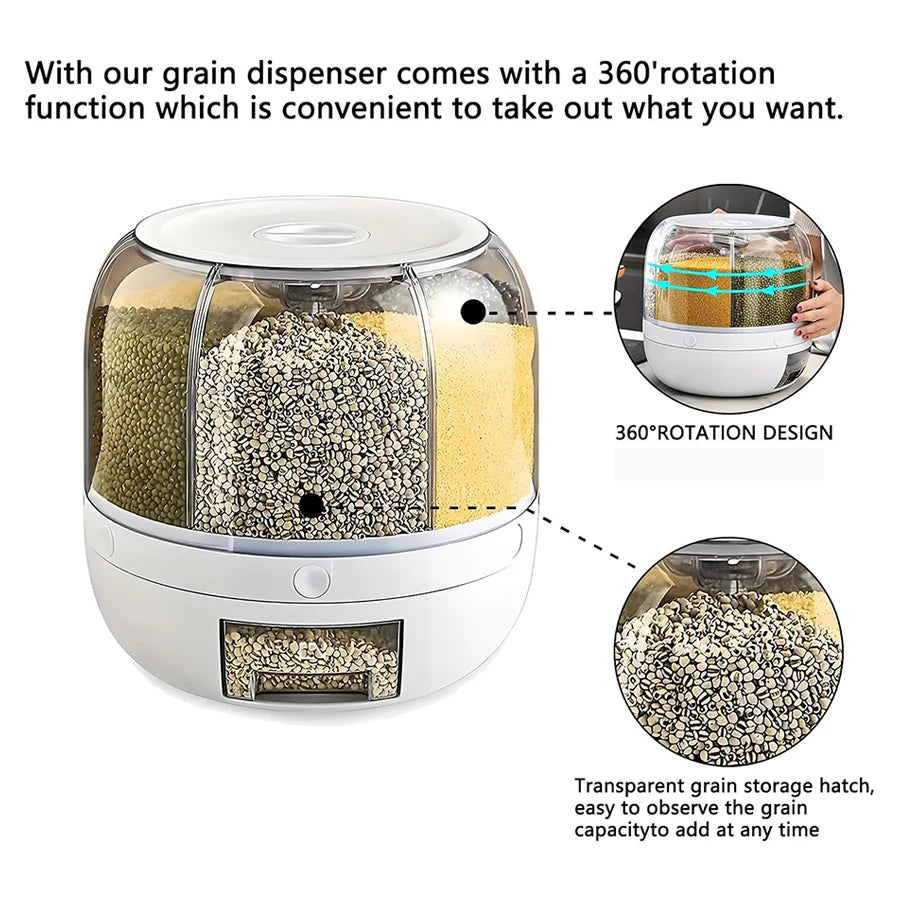 360° Rotating 6-Grid Food Dispenser - Airtight Kitchen Storage Container for Grains, Cereal & Dry Goods