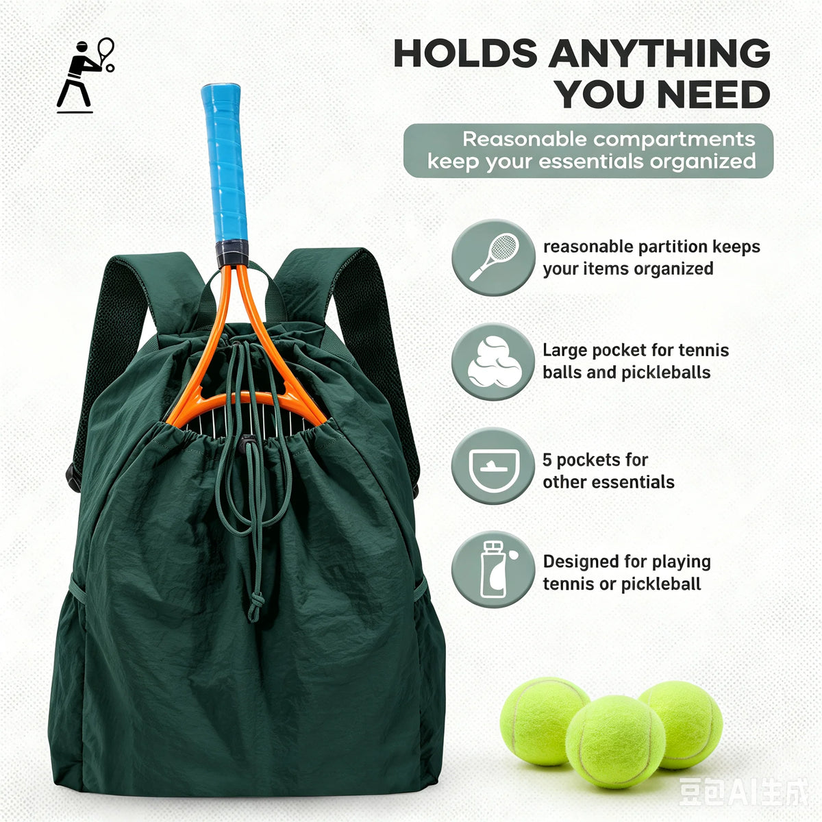 Tennis Bag Can Hold 2 Racket, Tennis Backpack for Women Men Sports Training Gym Backpack for Tennis Pickleball Badminton Squash