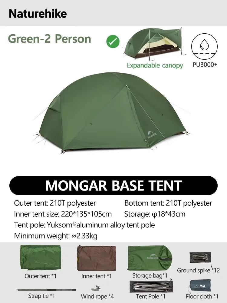 Naturehike Mongar 2 UL/PRO/Base Tent Camping 1-3 Person Tent Outdoor Travel 15D Waterproof Ultralight Backpacking Shelter Tent