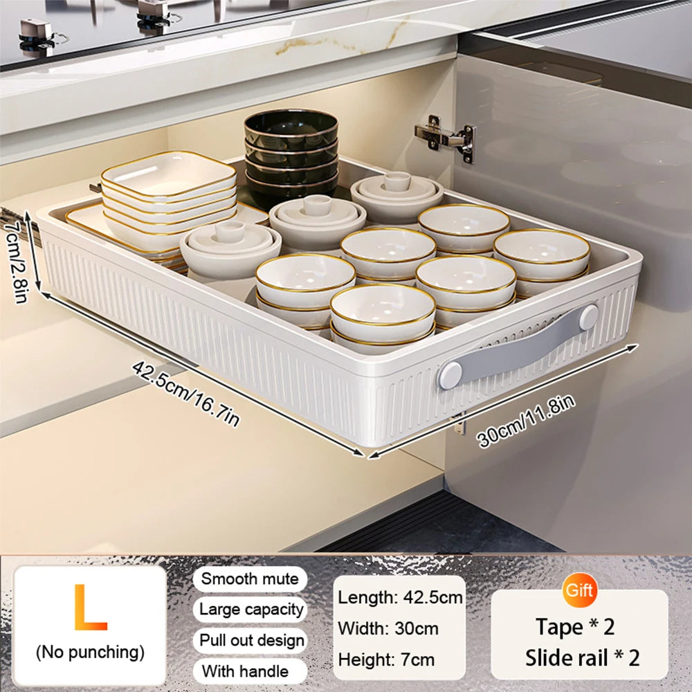 Pull Out Storage Tray Kitchen Sliding Cabinet Shelf with Slide Rails Drawer Spice Rack Bowl Dish Shelf Pantry Kitchen Organizer