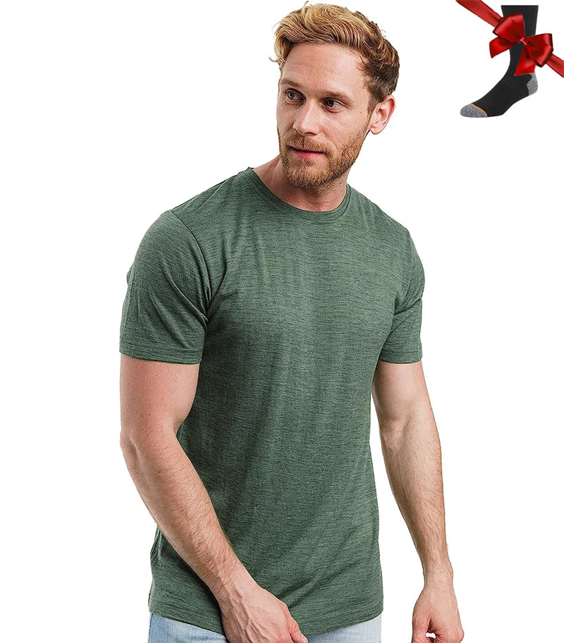 100% Superfine Merino Wool T Shirt Mens Base Layer Shirt Merino Wool Wicking Breathable Quick Dry Anti-Odor +Merino Wool Socks