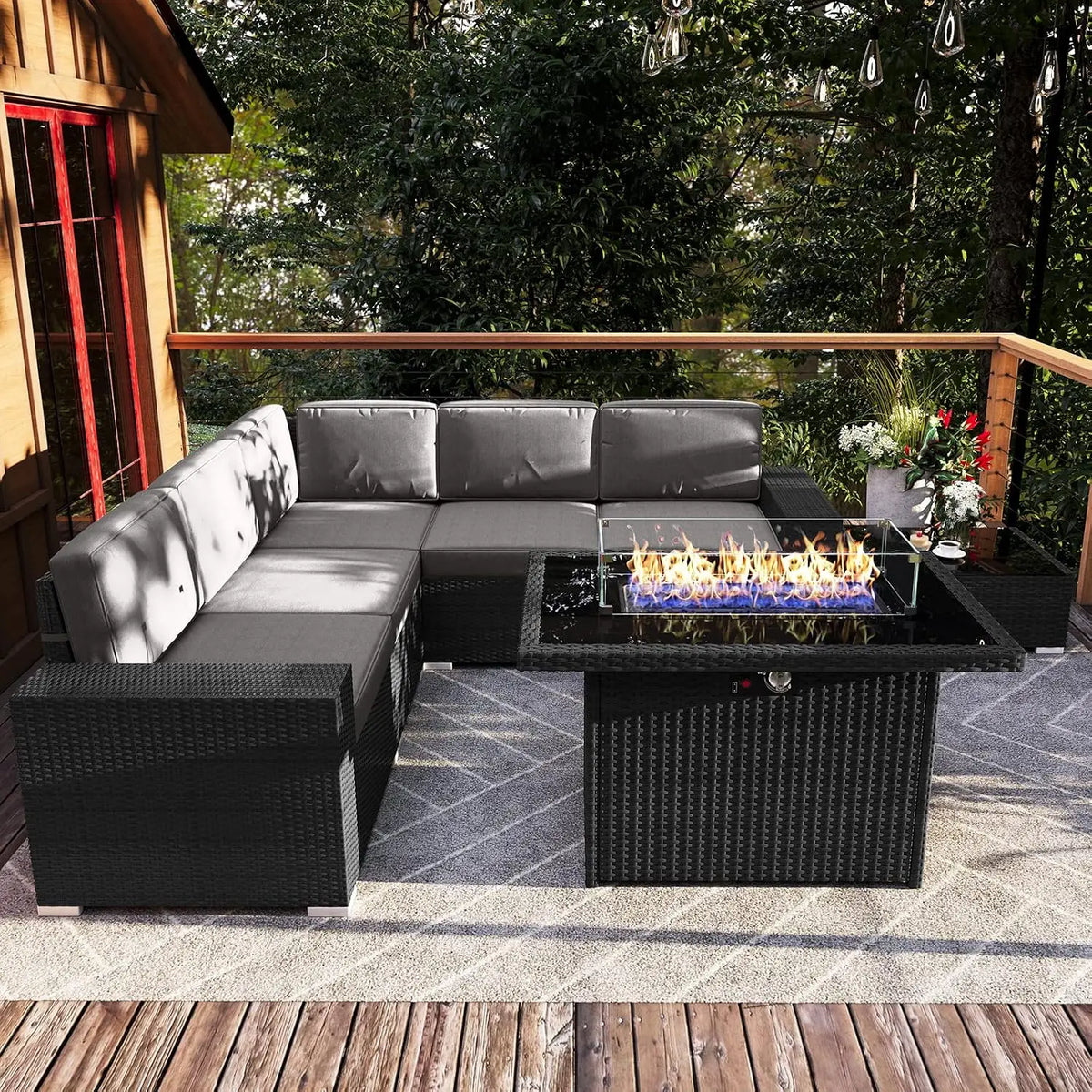 7 Pieces Patio Furniture Set with 44" Propane Gas Fire Pit Table, Outdoor Sectional Wicker Conversation Sofa Sets, Customized