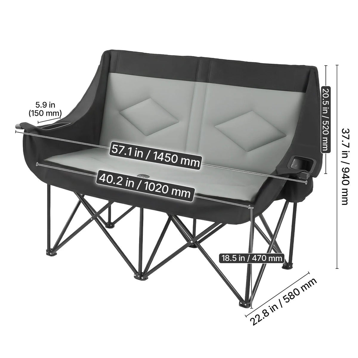 SucceBuy Double Camping Chair 660 lbs Support with Dual Cup Holders Wine Glass Holders Magazine Straps Carry Bags for Outdoor