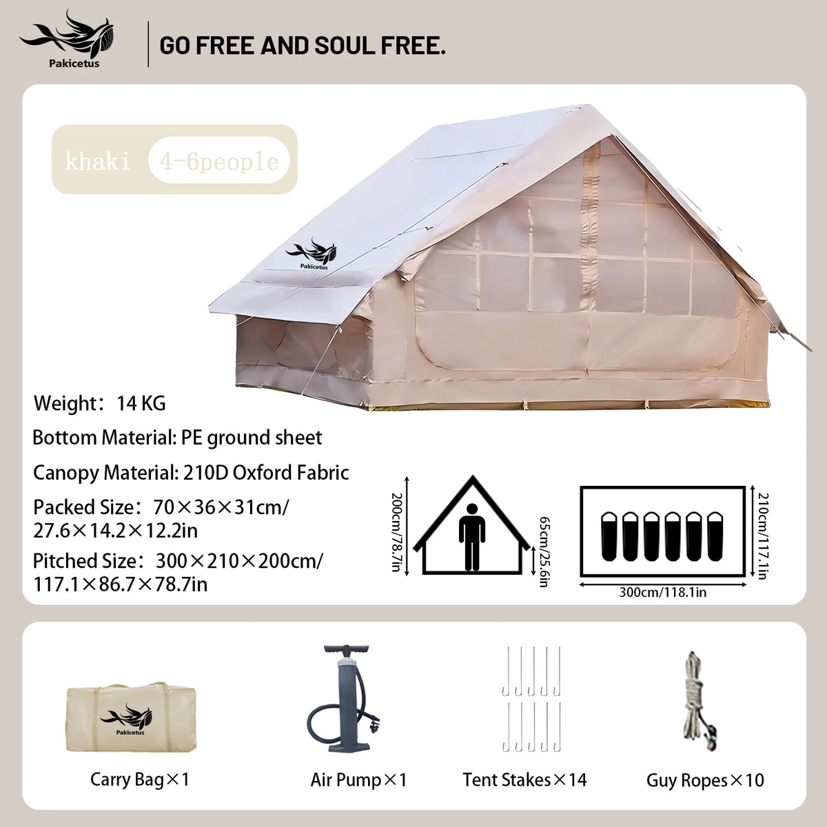 PAKICETUS Inflatable Camping Tent for 4-8 People, Breathable Mesh Windows Luxury Air Cabin Tent, UV Protection Quick Setup Outdoor Shelter for Hiking, Picnic, Backyard & Road Travel