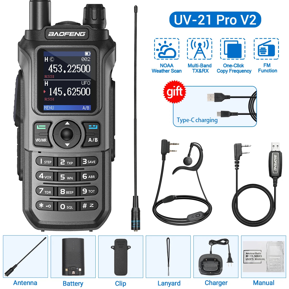 Baofeng UV-21 Pro Wireless Copy Frequency VHF UHF Powerful Waterproof V2 Long Range UV-32 Long Range Type-C Two Way Ham Radio