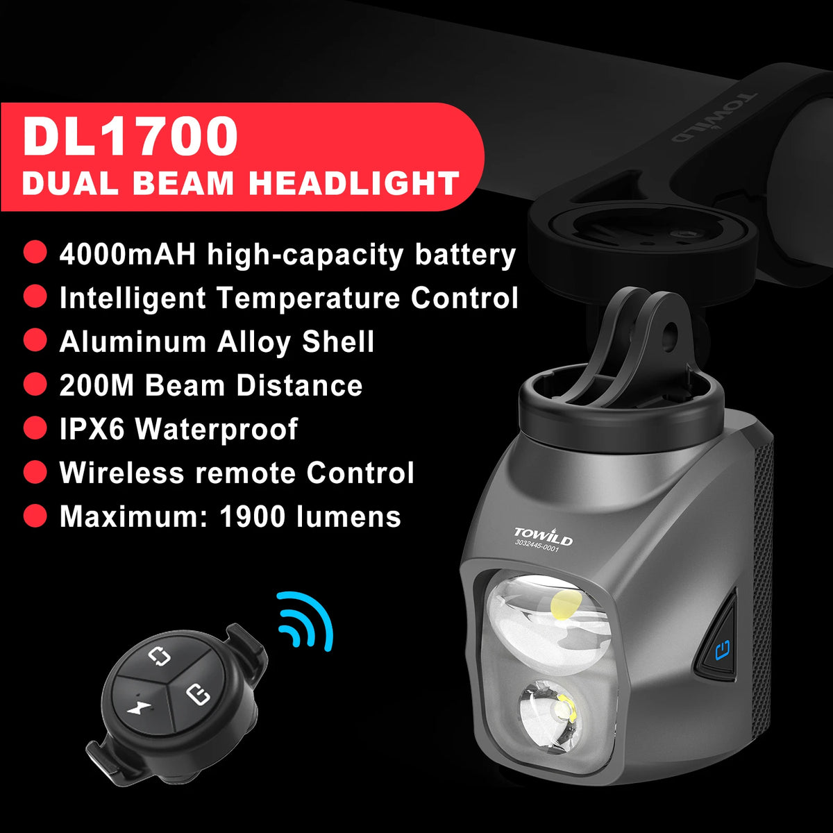 TOWILD DL1200S/DL1700 Bicycle Light With Cut-Off Line Beam1900LM Rechargeable Bike Front Light Power Bank Mtb Cycling Headlights