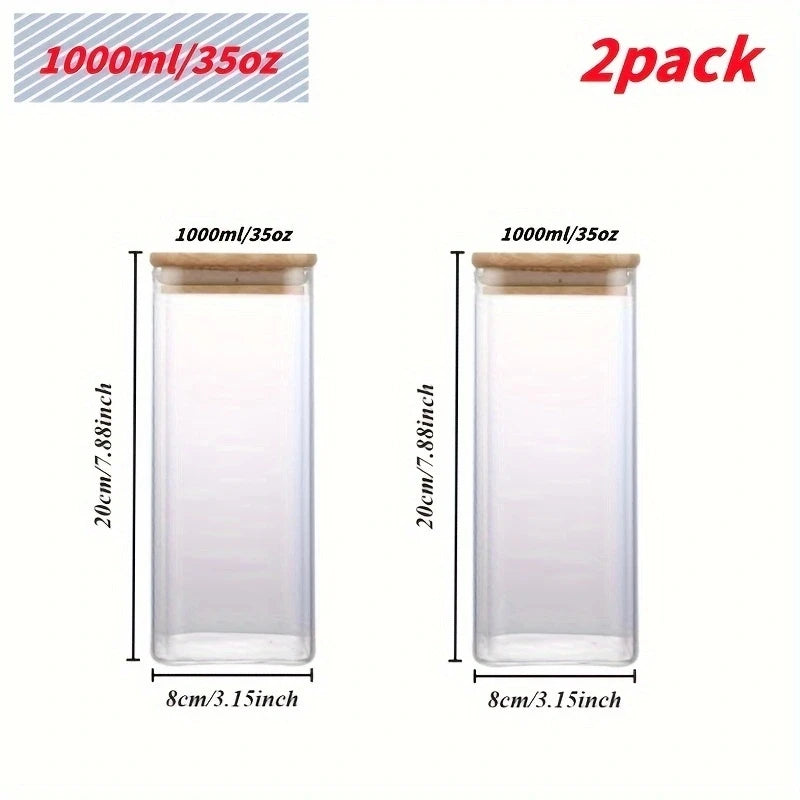 2/4 Pieces, 540Ml/1000Ml Glass Food Storage Jars with Bamboo Lids, Transparent Square Sealed Kitchen Storage Container Set, Stackable Glass Food Storage Jars, Suitable for Kitchen Countertops, Candy, Cookies, Rice, Grains