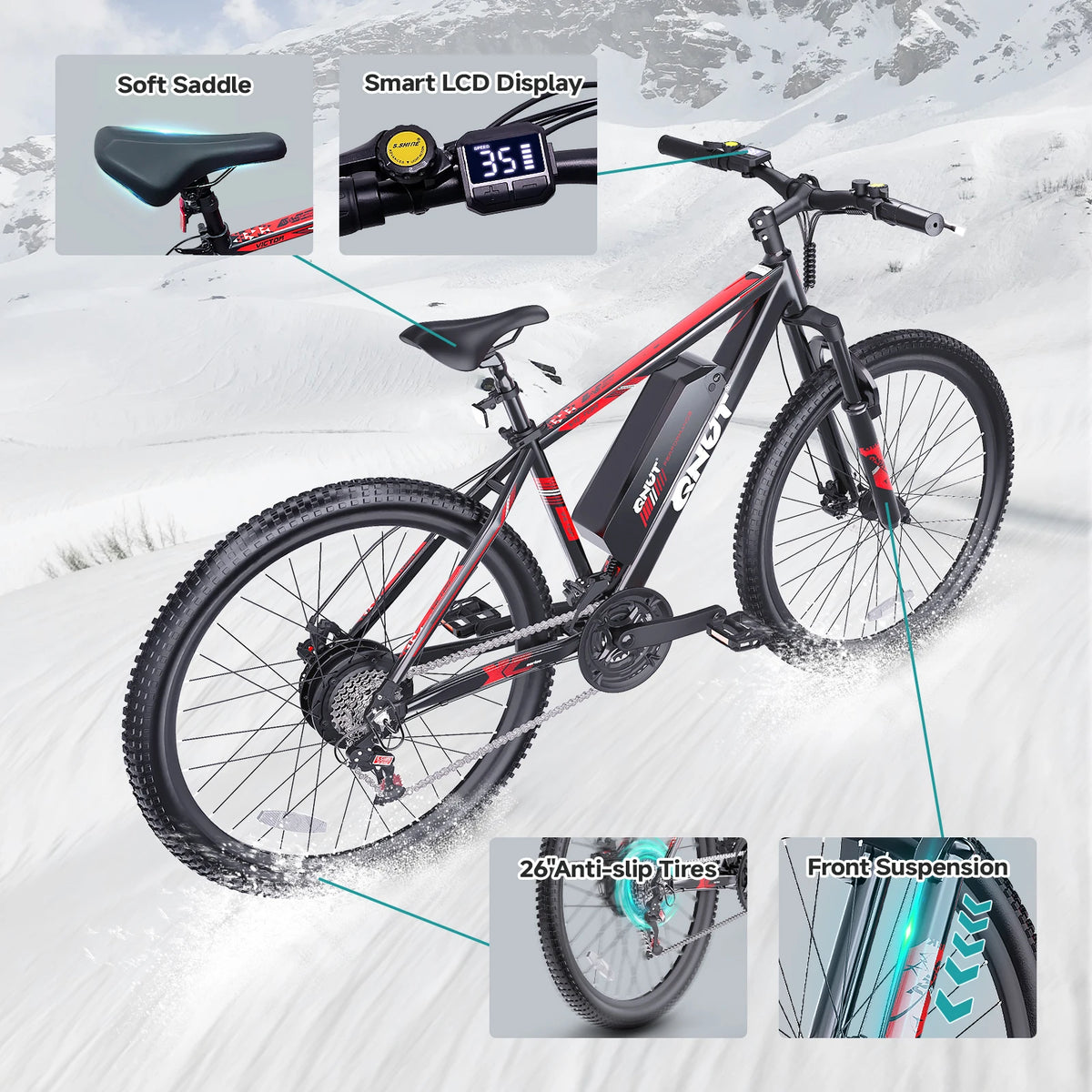 QNUT Victor3.0 Mountain Electric Bicycle 1000W Peak Motor 36V 10.4AH Electric Bike 26' Tire All-Terrain Ebike Urban Off-Road Commuter Adult E-Bike