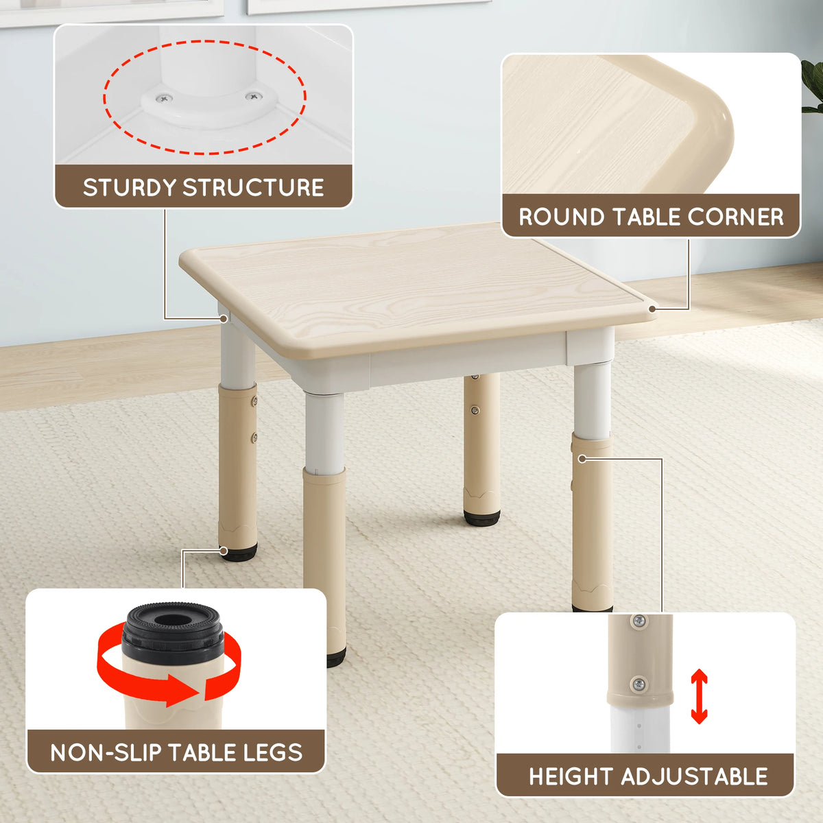 Kids Table and 2 Chairs Set, Height-Adjustable Toddler Table and Chairs Set with Doodle-Friendly Desktop, 23.6''L X 23.6''W Children Activity Table for Daycare, Classroom, Home