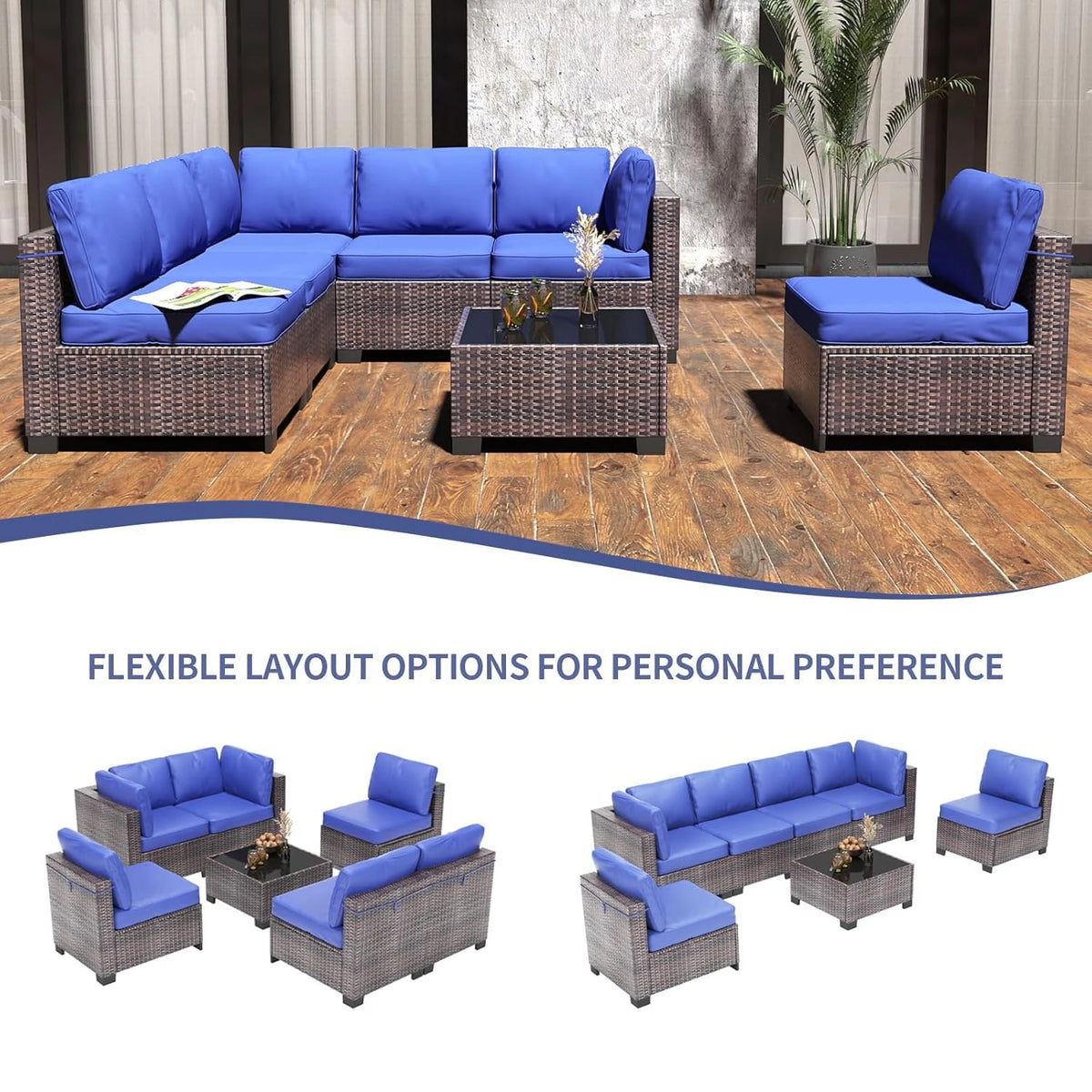 7-Piece Modular Outdoor Furniture Set, PE Rattan Wicker Sectional Modular Conversation Sofa Set, Perfect For Garden Balcony