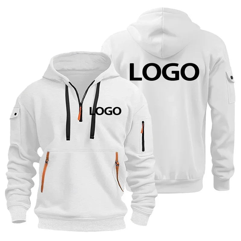 New European Men's Sports Sweater with Zipper and Arm Pockets, Customize Your Logo, Hooded Sweater Cover And
