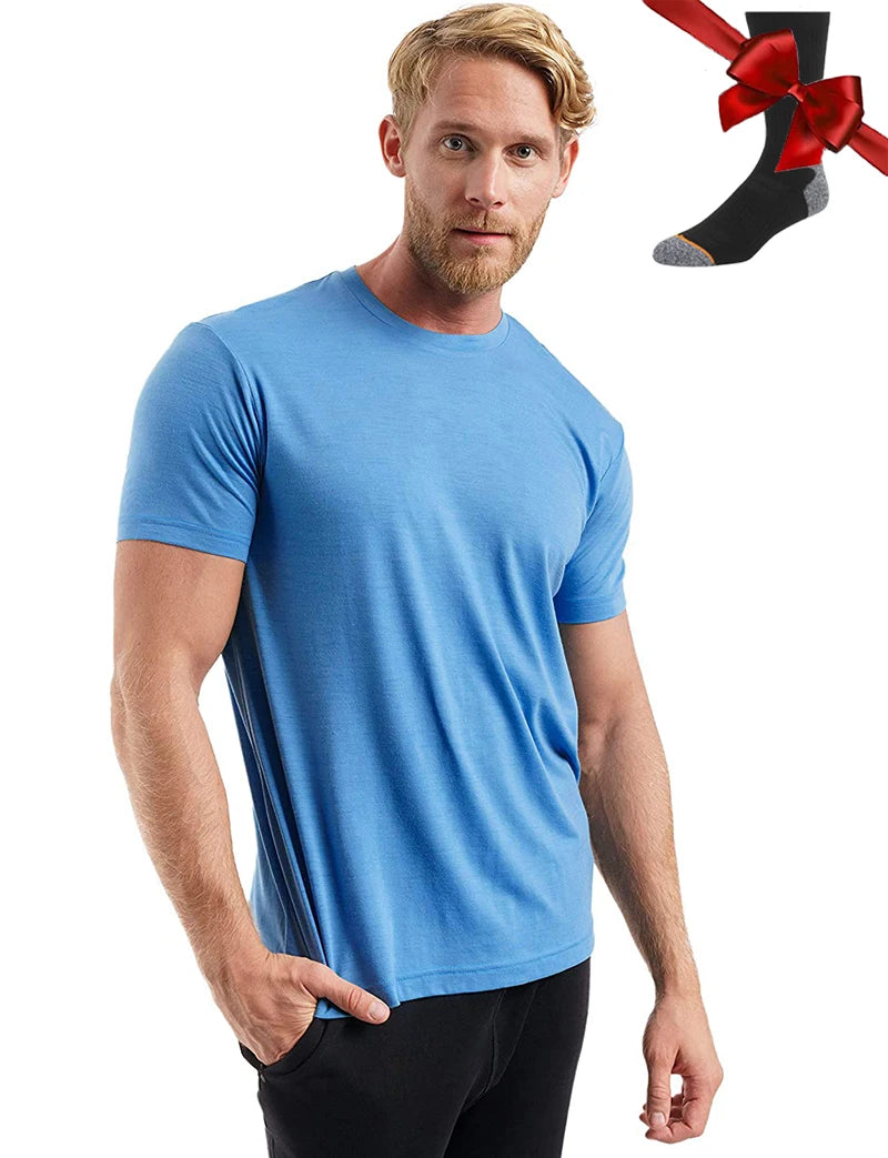 100% Superfine Merino Wool T Shirt Mens Base Layer Shirt Merino Wool Wicking Breathable Quick Dry Anti-Odor +Merino Wool Socks