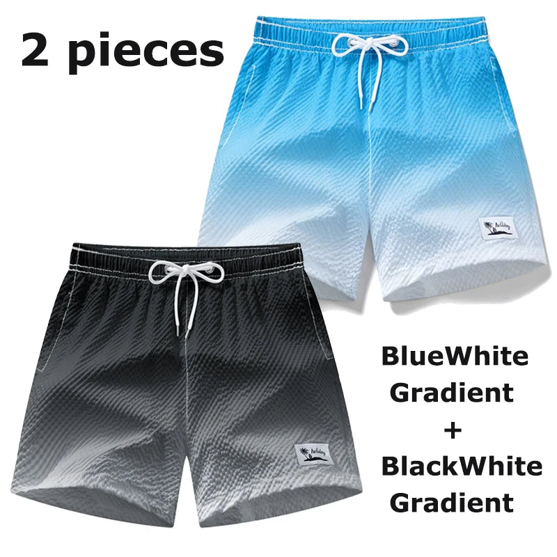 Men's Seersucker Beach Shorts with Mesh Liner Summer Casual Board Shorts with Pockets Quick Dry Swimwear Swimsuit Swim Trunks