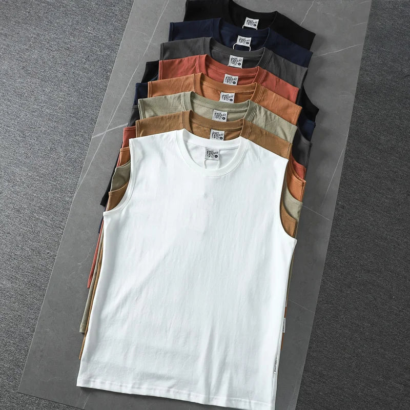 Summer New American Sleeveless O-neck Solid Color T-shirt Men's Fashion 100% Cotton Washed Casual Sports Fitness Basketball Vest