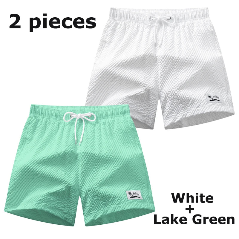 Men's Seersucker Beach Shorts with Mesh Liner Summer Casual Board Shorts with Pockets Quick Dry Swimwear Swimsuit Swim Trunks