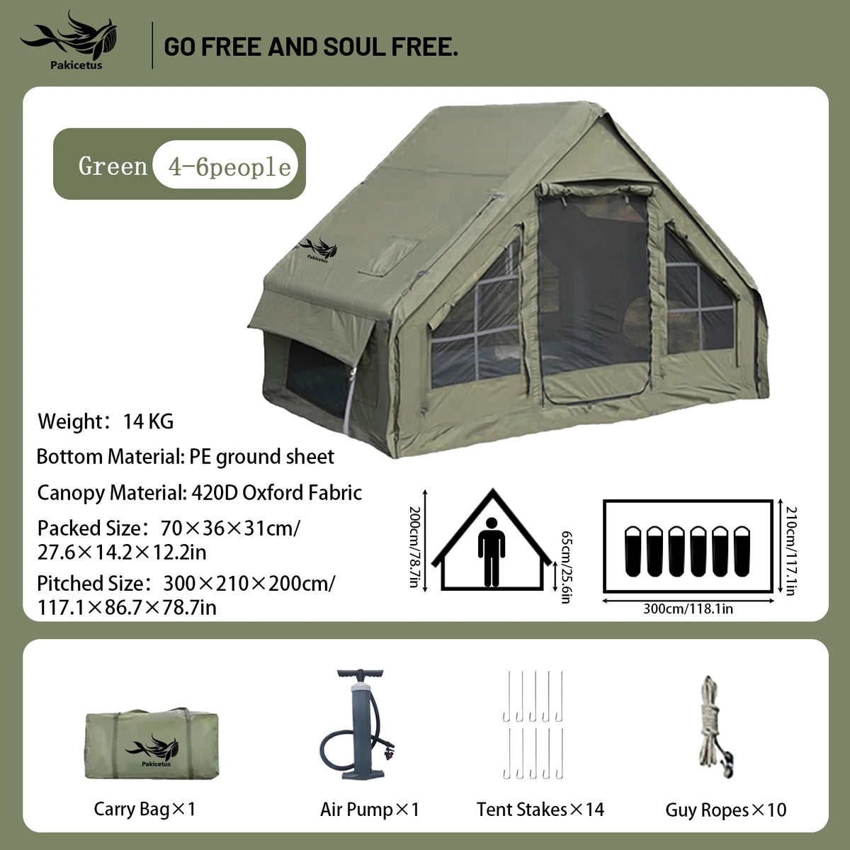 PAKICETUS Inflatable Camping Tent for 4-8 People, Breathable Mesh Windows Luxury Air Cabin Tent, UV Protection Quick Setup Outdoor Shelter for Hiking, Picnic, Backyard & Road Travel