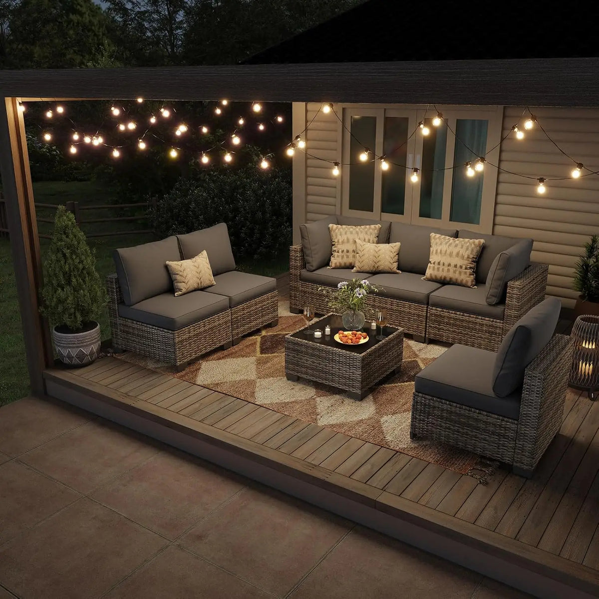 7 Pieces Outdoor Patio Furniture Set, All-Weather Sectional Sofa | Dark Grey Wicker Conversation Set with Glass, Customized