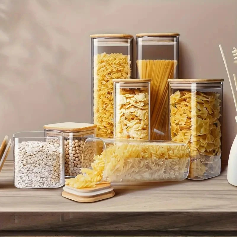 2/4 Pieces, 540Ml/1000Ml Glass Food Storage Jars with Bamboo Lids, Transparent Square Sealed Kitchen Storage Container Set, Stackable Glass Food Storage Jars, Suitable for Kitchen Countertops, Candy, Cookies, Rice, Grains
