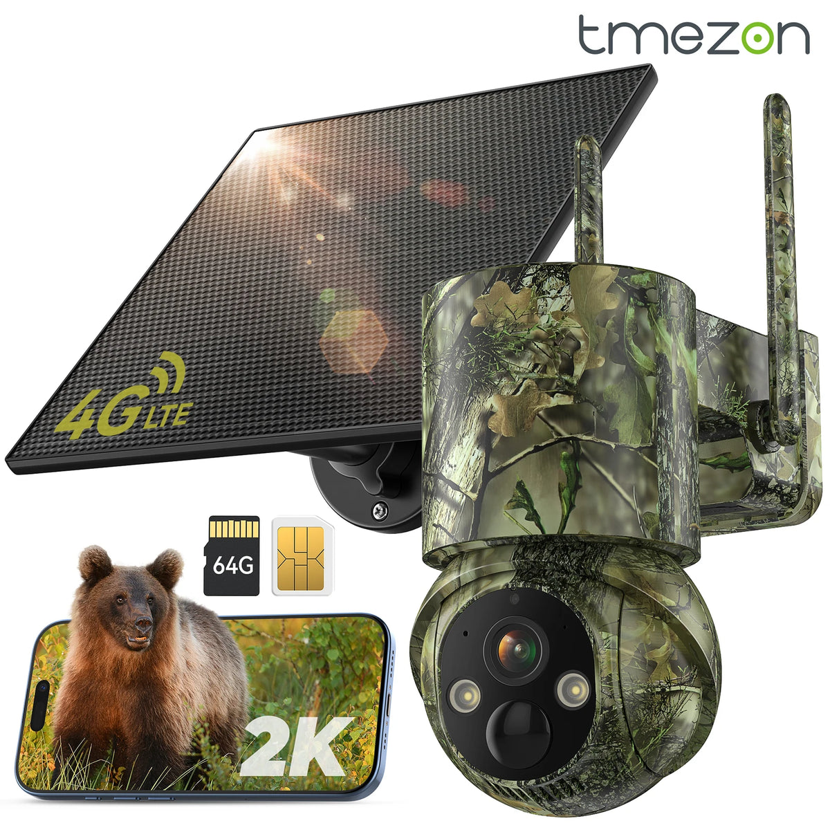 4G Solar-Powered LTE Cellular Trail Camera (With a SD Card And a SIM Card), Color Night Vision, Two-Way Talk, 1080P FHD, 360°True Panoramic Vision, SD Card/Cloud Storage, PIR Detection, Instant Alerts, Instant Communication,